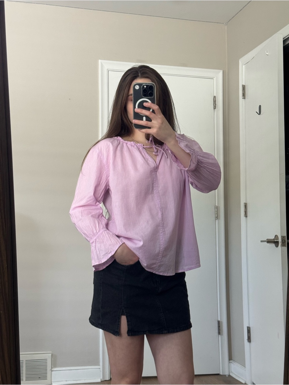GAP Light Pink Tie-Neck Peasant Blouse
